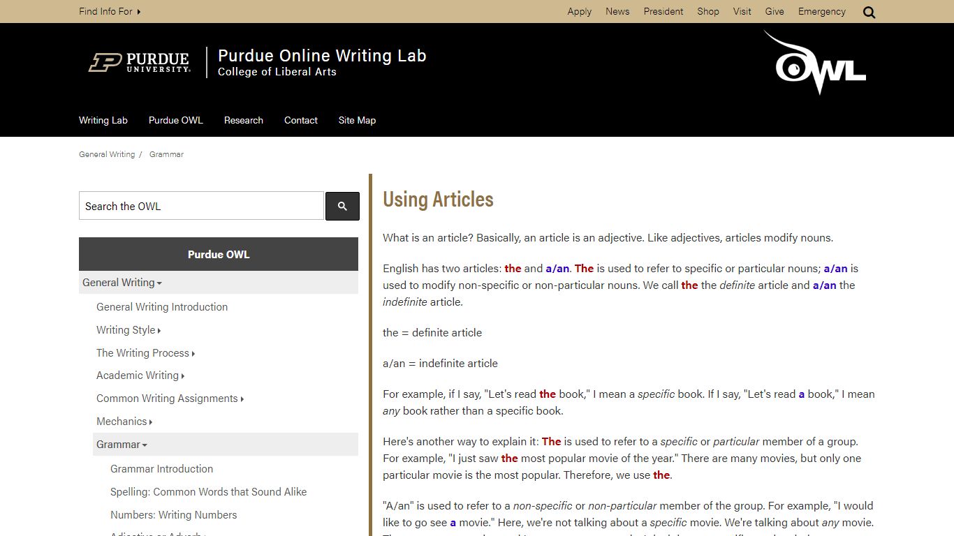 How to Use Articles (a/an/the) // Purdue Writing Lab