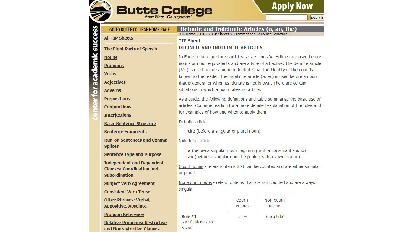 Definite and Indefinite Articles (a, an, the) - TIP Sheets - Butte College